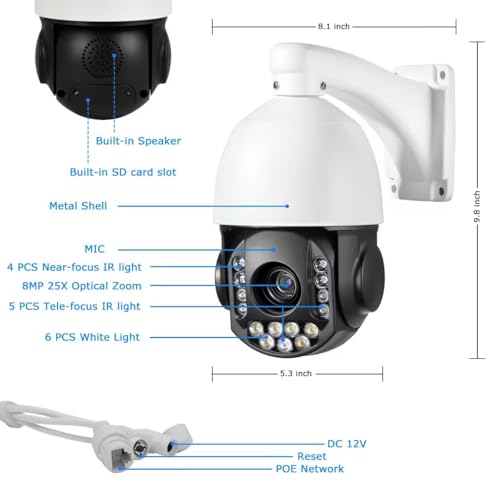 Image of 8MP 4K 25X optical 5.3-130mm Auto Tracking Outdoor PTZ Camera PoE IP wired Human Vehicle Detect Security Camera with 298ft IR,Floodlight color Night View,2-Way Audio alarm,Preset,NVR,Mobile App,360Pan