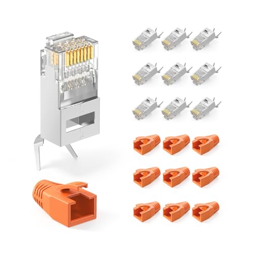 VCELINK 10 x RJ45 Stecker, Cat7 Pass Through Netzwerkstecker, 10 Gbit/s, für Cat7/Cat6A Verlegekabel geschirmt mit Einfädelhilfe und Knickschutz, Switch/TV/PS4/Modem/Router/PC, orange