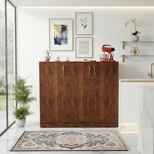 Image of Spyder Craft Modern Engineered Wood Sideboard & Crockery Cabinet - 3-Door Storage Organizer with Gold-Finish Handles and Geometric Pattern for Living Room, Kitchen, and Office (Columbian Walnut)