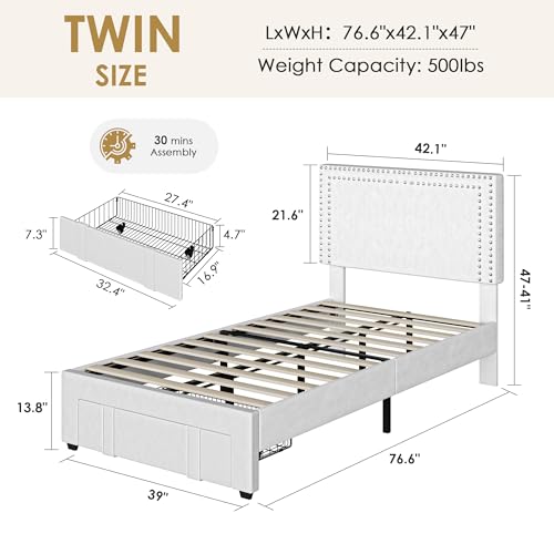 Image of VECELO Twin Size Upholstered Bed Frame with Storage Drawer, Adjustable Velvet Rivet Decor Headboard, Wooden Slats Platform Support, No Box Spring Needed, Easy Assembly,White