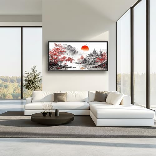 Image of Large Oriental Asian Wall Art for Living Room Chinese Japanese Style Pictures Red Sun and Pagoda Wall Decor Nature Scenery Canvas Print Paintings Home Framed Artwork Decoration Gifts for Bedroom Office 30 inchx60 inch