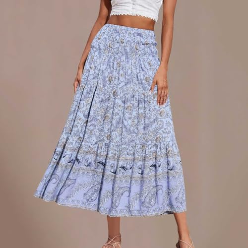 Long Skirts for Women Summer Flowy Boho Floral Maxi Skirt High Waist A Line Pleated Skirts Beach Vacation Outfits2