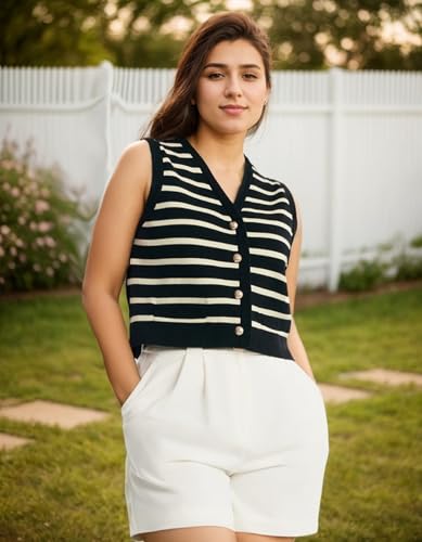 Image of Kedera Women's Sleeveless Knit Striped Sweater Vest Tank Tops Summer Slim V Neck Trendy Pullover, XX-Large