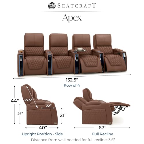 Image of Seatcraft Apex Tobacco Italian Leather Home Theater Seating, Zero Gravity Power Recliner Chair, Powered Headrest and Lumbar Gaming and Lounge Sofa Furniture for Cinema Room, Row of 4
