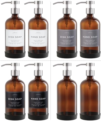 Image of Hand and Dish Soap Dispenser for Kitchen and Bathroom, Set of 2 16 Oz Glass Bottles, Stainless Steel Pumps, Non-Slip Silicone Base, 27 Waterproof Labels (Amber Bottle /Brushed Silver Pump)