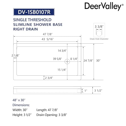 Image of DeerValley 48 inchL X 30 inchW Right Drain Shower Base in White