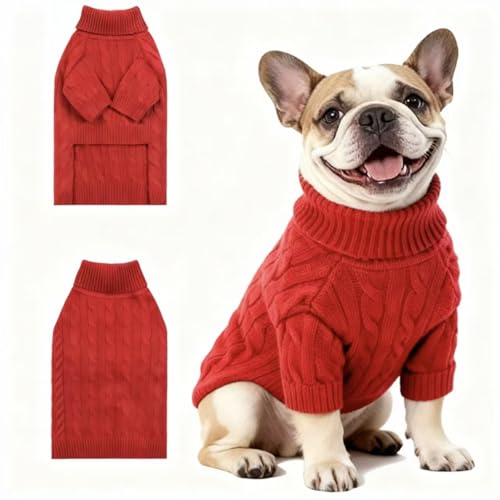 Image of Small /Medium Dog Sweater, Warm Dog Winter Coat w /Sleeves, Comfortable High Neck Premium Dog Clothes for Bulldog-Best for Holidays, Daily Walks L Deep Red