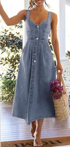 ebossy Stretchy Smocked Denim Dress for Women Sleeveless Babydoll Button Down Midi Long Jean Dresses3