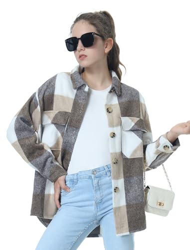 Image of Mebius Girls Shacket Jacket Long Sleeve Plaid /Corduroy Color Block Button Down Casual Collared Shirt with Pocket