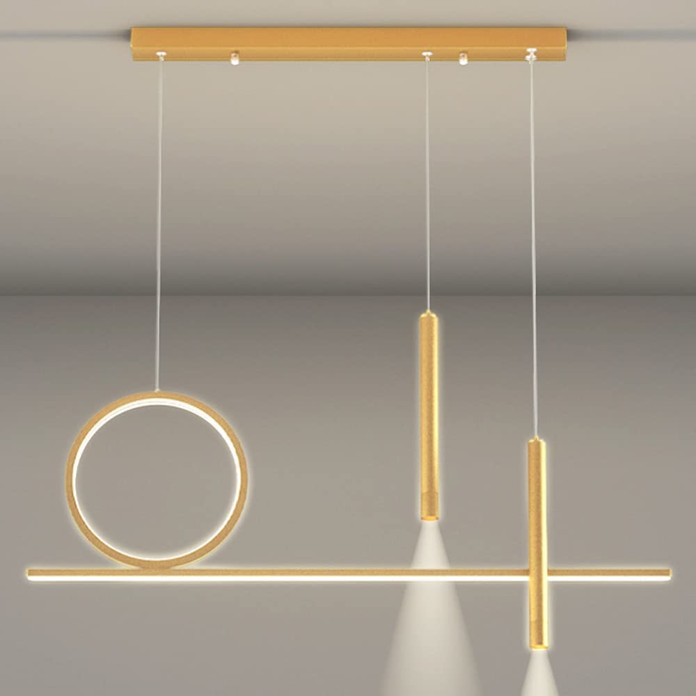 Nowoczesna lampa wisząca z długim pierścieniem z oświetleniem LED i reflektorem, metalowa lampa wisząca do jadalni, salonu i baru. Regulowana lampa sufitowa, żyrandol - złoty - A