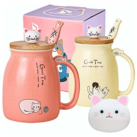 SHENDONG 2 Pack Cat Mugs Cute Ceramic Coffee Cups Set of 2 with Kawaii Bamboo Lid and Spoon Novelty Morning Cup Coffee Milk Tea Mugs - 3D Animal Cat Mugs for Cat Lovers Women Gifts(Red and Yellow) Cover