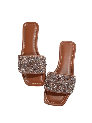 Image of GORGLITTER Women's Sparkly Jeweled Flat Sandals Dressy Open Toe Glitter Shiny Slippers Slip-on Shoes