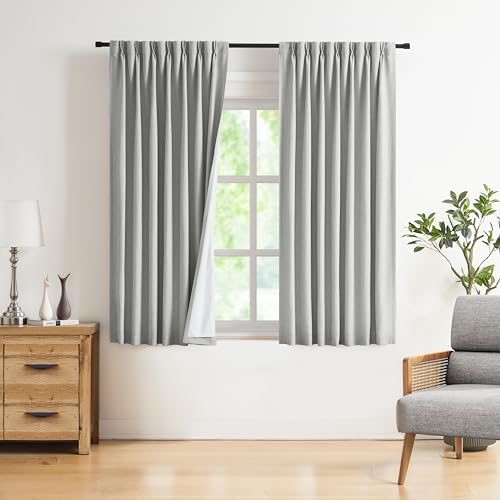 Image of Vision Home Light Gray Pinch Pleated Full Blackout Curtains Linen Blended Room Darkening Curtain Panels 63 inch for Living Room Bedroom Thermal Insulated Pinch Pleat Drapes with Hooks 40 inch Wx63 Lx2