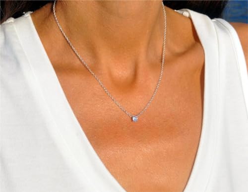 ASCOMY Dainty CZ Diamond Solitaire Pendant Necklaces for Women 14K Gold Plated Single Round Cubic Zirconia Square Simulated Diamond Choker Necklace Bride Bridesmaid Weeding Jewelry Gifts4