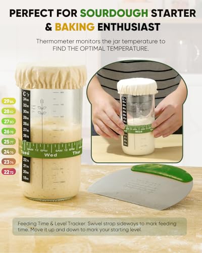 Image of Sourdough Bread Baking Supplies 34 OZ Sourdough starter kit with 2 Bread Proofing Basket - Green