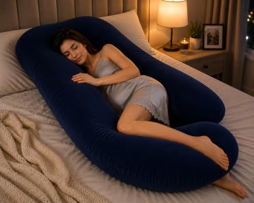 Image of Full Body Pillows for Sleeping Cooling Pregnancy Pillow,U Shaped Pregnancy Body Pillow for Women,Maternity Pillows for Pregnant Women with Removable Washable Velvet Cover Navy Blue