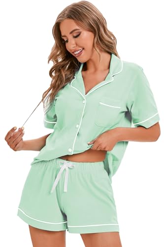 Image of LUBOT 100% Cotton Pajamas for Women 2 Piece PJ Set Button-Down Soft Knit Short Sleeve Summer Sleepwear Loungewear XS-XXL