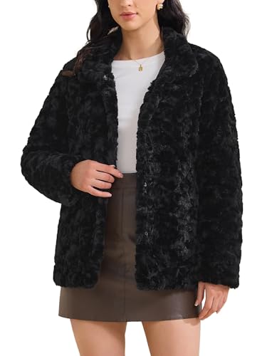 Allegra K Women's Faux Fur Coat Button Down Lapel Long Sleeve Winter Fluffy Jacket Outerwear