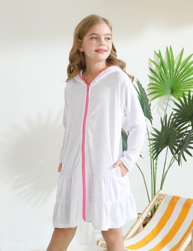 Image of Girls Swim Cover Up Kids Long Sleeve Swimsuit Coverup Terry Beach Pool Clothes with Sunglasses