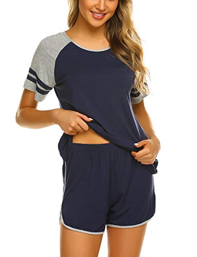 Ekouaer Women's Pajamas Short Set Loungewear Short Sleeve Sleepwear Silky PJS Set Navy