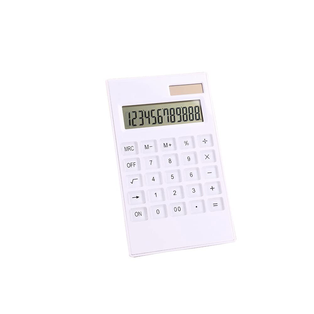 White 12 Digital Calculator Crystal Buttons Solar Battery Power Office Supplies