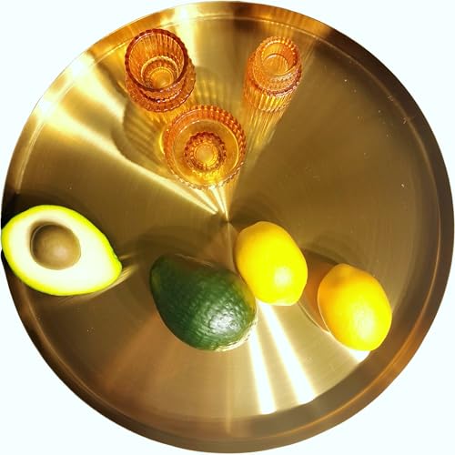 I-LAN 14" Round Gold Metal Serving Tray, Deep Decorative Vanity