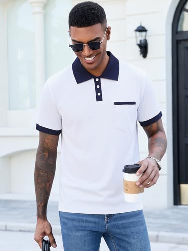 Image of Men's Casual Polo Shirts Summer Short Sleeve Contrast Collar Buttoned Tee Polo Shirt with Pocket