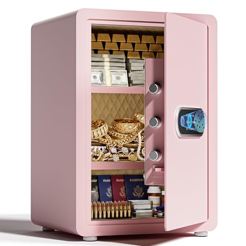 Mutak 2.0 Cub Biometric Safe Auto-Open Fingerprint Safe with Digital Touchscreen Lock Dual Alarm Security Wall Mount Lock Jewelry & Valuables Pink