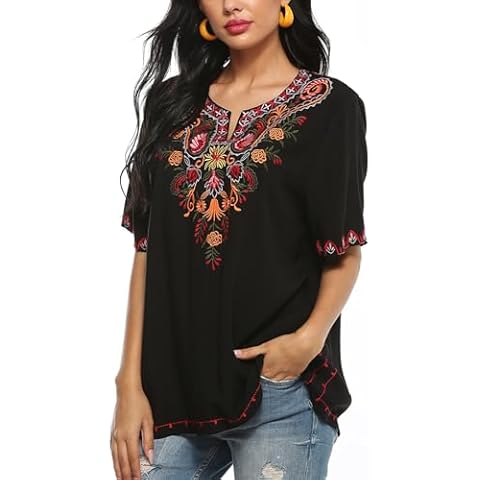 Higustar Mexican Embroidered Tops for Women Bohemian Peasant Shirts Boho Tunic Traditional Clothes Floral Fiesta Blouse Black Cover