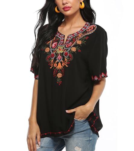 Higustar Mexican Embroidered Tops for Women Bohemian Peasant Shirts Boho Tunic Traditional Clothes Floral Fiesta Blouse