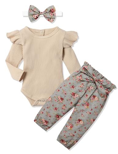 KANGKANG Newborn Baby Girl Clothes Ribbed Ruffle Sleeve Romper + Floral Pants + Headband Cute Infant Baby Girl Outfit 3Pcs