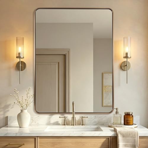 Image of ANDY STAR Large 30x40'' Brushed Champagne Bronze Bathroom Vanity Mirror, Rounded Rectangle Mirrors for Bathroom, Elegant Oblong Mirrors for Over Sinks in 1'' Rustproof Tube Metal Framed Wall Mounted