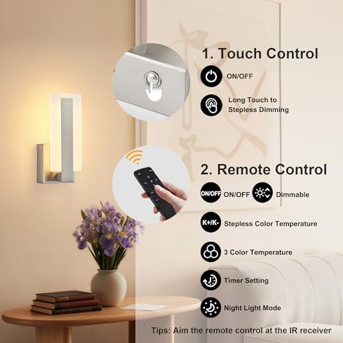 Image of KARTOOSH Rechargeable Wireless Wall Sconces,Battery Operated Modern Wall Light Set of Two with Remote Control,Dimmable,3000K /4000K /6000K,Timer,Cordless Lighting for Hallway,Bedroom,Living Room Nickel