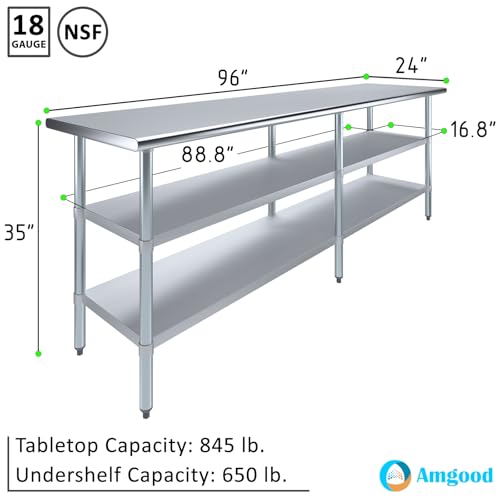 Image of AmGood Stainless Steel Work Table with 2 Shelves | NSF | Metal Utility Table (96 inch Long x 24 inch Deep)
