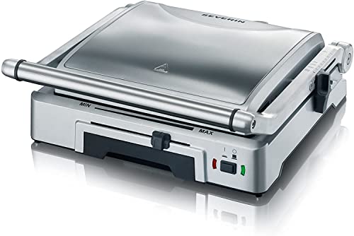 SEVERIN Gril viande à ouverture totale, Gril électrique multifonction pour légumes, steaks et paninis, Gril viande avec double surface de cuisson antiadhésive, 1 800 W, Inox, KG 2392