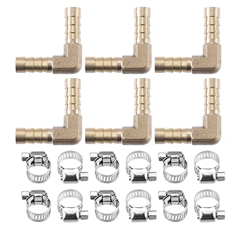 X AUTOHAUX 6Set 8mm L Shaped Hose Barb Brass Hose Fitting Connector with Clamp