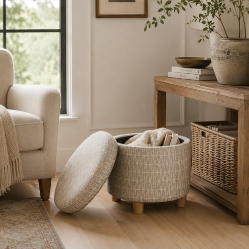 Image of HomePop 19 inch Round Storage Ottoman - Tan Geometric Pattern