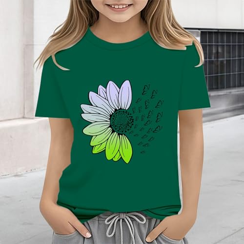 Girls Loose Fit Sunflower Graphic T Shirts Short Sleeve Crewneck Cute Pattern Printed Tops Kids (D-Green, 8-9 Years)4