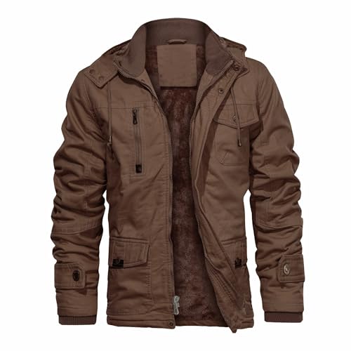 CHEXPEL Men's Warm Winter Coats with Hood Fleece Lining Cotton Military Casual Winter Jackets with Snap Pockets Brown XL