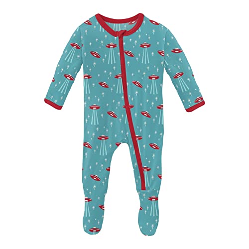 Image of KicKee Pants Print Footie with Zipper, Fitted Long Sleeve Pajamas, Ultra Soft Everyday One-Piece Loungewear, Baby and Kid Clothes for Boys and Girls (Glacier Alien Invasion - 3-6 Months)