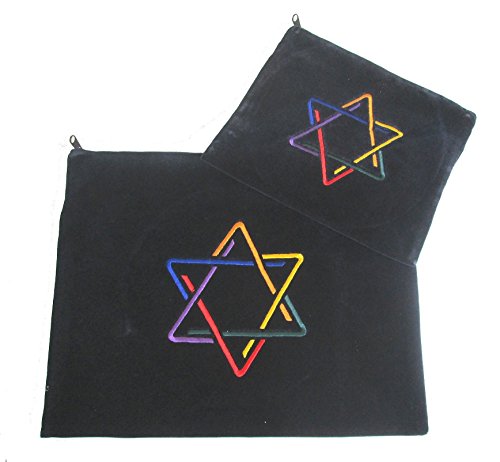 Matching Pair Black Velvet Tallit Bag and Tefillin Bag with Colourful Star of David
