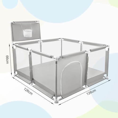 Laufstall Baby,Laufstall baby faltbar für Babys mit weichem,Baby Laufstalls mit Reißverschlusstür,Kinder laufgitter,inklusive 50 Bällen,4 X Zugringen,Leicht zu Reinigen (126x126x66cm Hellgrau)