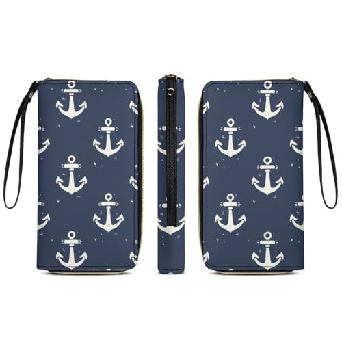 Sea Pattern in Anchors Navy Beach Long Wallet PU Leather Credit Card Holder Wallet Zippered Coin Pocket with Hand Strap3