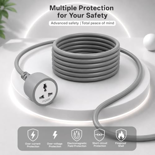 Image of Rapoo E05 5M Heavy Duty Power Extension Cord| 2500W 10A 3-Pin Plug with Child Safety Door| Single Outlet Wire Extender| Fire Retardant| Short-Circuit Protection| All-Season Indoor /Outdoor Use (Grey)
