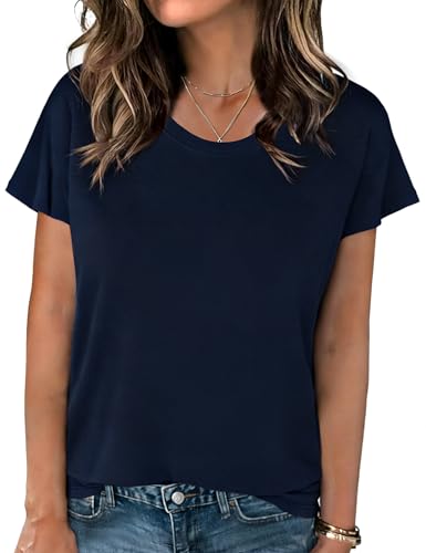 Crewhpo Tee Shirt Femme Col V T-Shirts à Manches Courtes Haut Chic et Élégant Été Tshirt Basique Coupe Ajustée Top Écontracté Couleur Unie Bleu Marine...