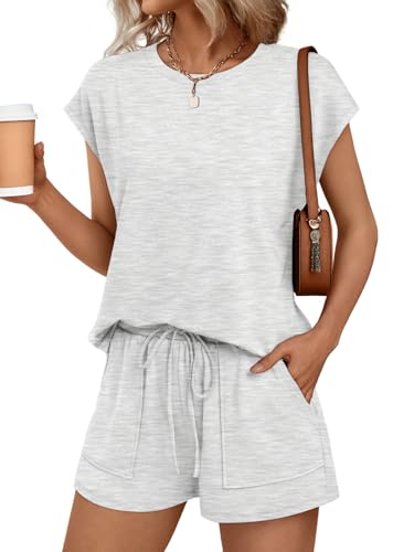 Image of AUTOMET Womens Crew Neck Two Piece Short Sets Cap Sleeve Drawstring Summer Sweatsuit with Pocket
