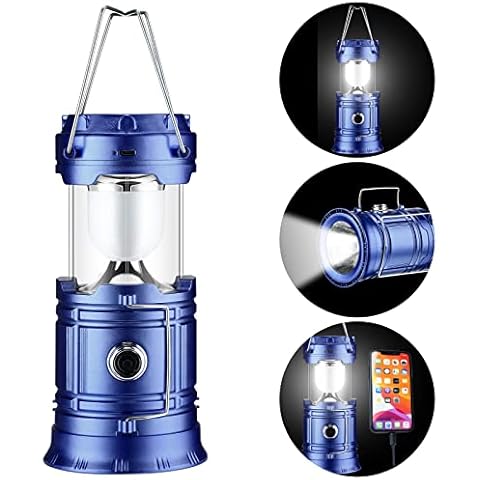 LED Camping Lights Solar Camping Lantern USB Rechargeable Lamp with 1000mA Battery Retractable Portable Wind Up Lantern Tent Solar Torch for Camping Hiking Emergency Outdoor Power Cuts (Blue) Cover