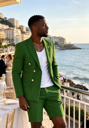 Image of Shorts Suits for Men 2 Piece Slim Fit Double Breasted Mens Shorts Suit Set Casual Prom Summer Beach Wedding Tuxedos