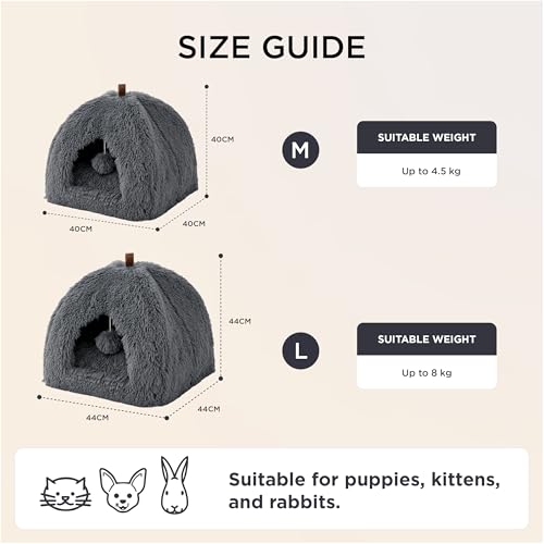 BEDSURE Katzenbett große Katzen Katzenhöhle- 40x40x40 cm Plüsch Katzenhaus Indoor mit abnehmbarem Katzenkissen und hängendem Spielzeug, Katzen Bettchen waschbar, dunkelgrau