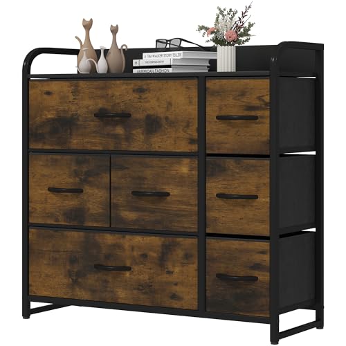 YITAHOME Commode, 7 Tiroirs en Tissu Commode Chambre Meuble de Rangement,Cadre en Métal,Style Moderne,pour Chambre à Coucher, Salon,Rouille Brun